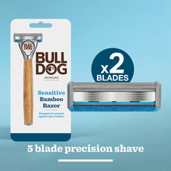 Sensitive Bamboo Razor with packaging, includes a bamboo handle and two sensitive steel blades. Displayed against a blue background. Text: x2 blades, 5-blade precision shave.