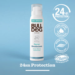A can of Fresh Mint & Cedarwood Spray Deodorant stands upright on a blue background. This vegan deodorant provides 24-hour odour protection and features natural origin ingredients with a refreshing mint and cedarwood scent.