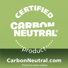 White text on a green background reads Certified Carbon Neutral Product with CarbonNeutral.com and Find out more online below, highlighting the Original Mens Grooming Bundles certification and eco-friendly commitment.