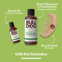 The Original Beard Care Kit includes Bulldog beard oil, beard shampoo & conditioner, and a wooden comb, all shown on a green background with text highlighting their essential use for beard grooming.