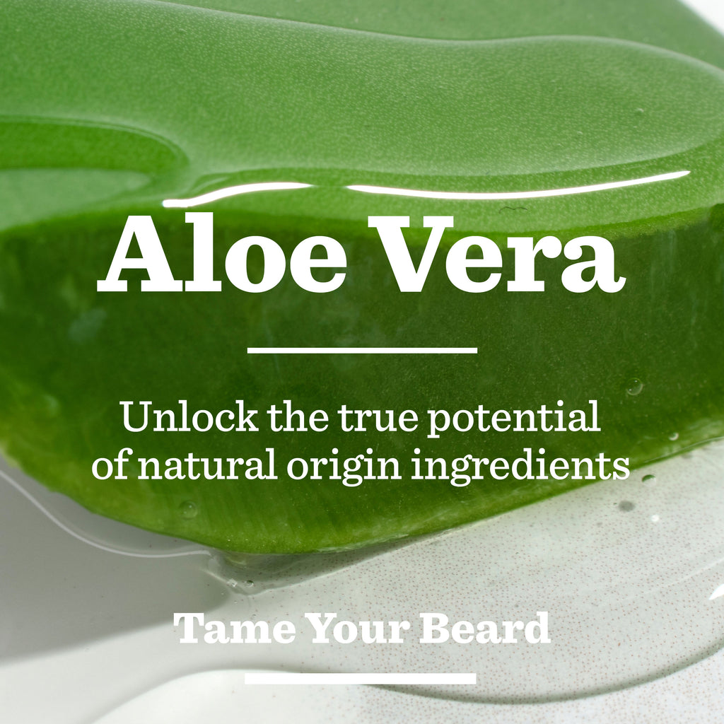 A close-up of a fresh aloe vera leaf with clear gel, overlaid with the text: Aloe Vera. Unlock the power of natural ingredients with BLDG. Original Beard Care Kit. Tame Your Beard.