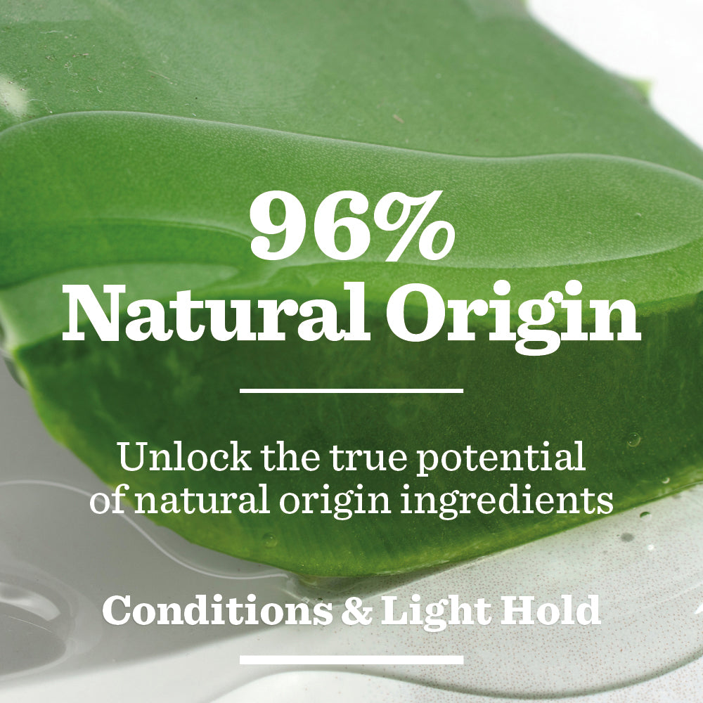 A close-up of an aloe vera leaf with text stating 96% Natural Origin. Original Beard Balm unlocks the power of moisturising, natural origin ingredients for conditioned beards & light hold—ideal for your beard balm routine.