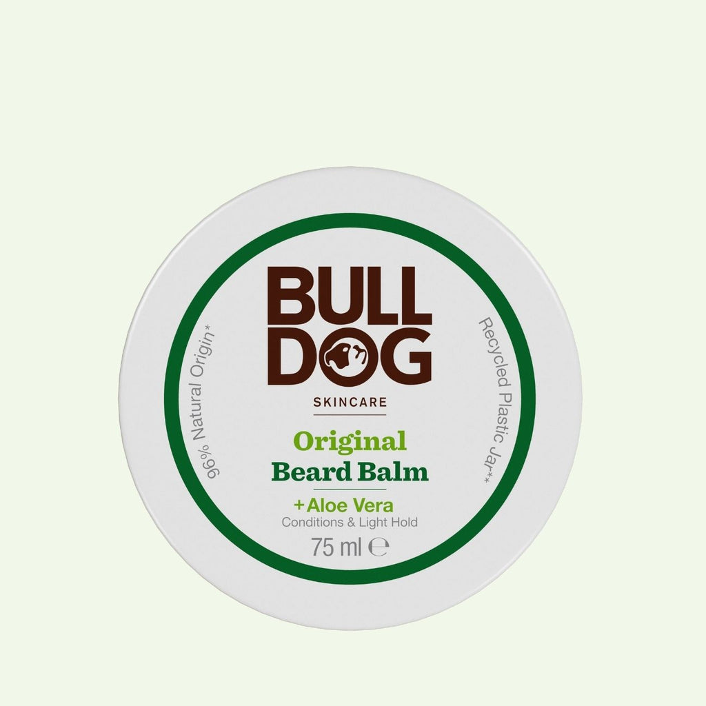 A white round container of Original Beard Balm, 75ml, with green and brown text. Made with recycled plastic and natural origin ingredients, this moisturising balm contains aloe vera.