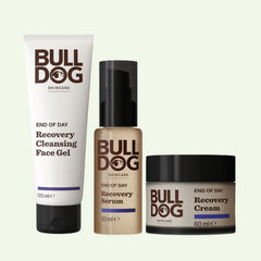 The End of Day Collection Bundle from Bulldog Skincare, featuring products with natural origin ingredients, is shown on a light background.
