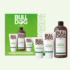 The Original Grooming Kit features Bulldog Skincare face wash, shower gel, and moisturizer in bottles and tubes, all presented in front of a green box with the Bulldog logo—ideal for upgrading any men's skincare routine.