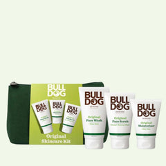 The Original Skincare Kit includes a green pouch and three essentials—Face Wash, Face Scrub, and Moisturiser—in white packaging. Ideal gift for men seeking an easy, effective skincare routine.