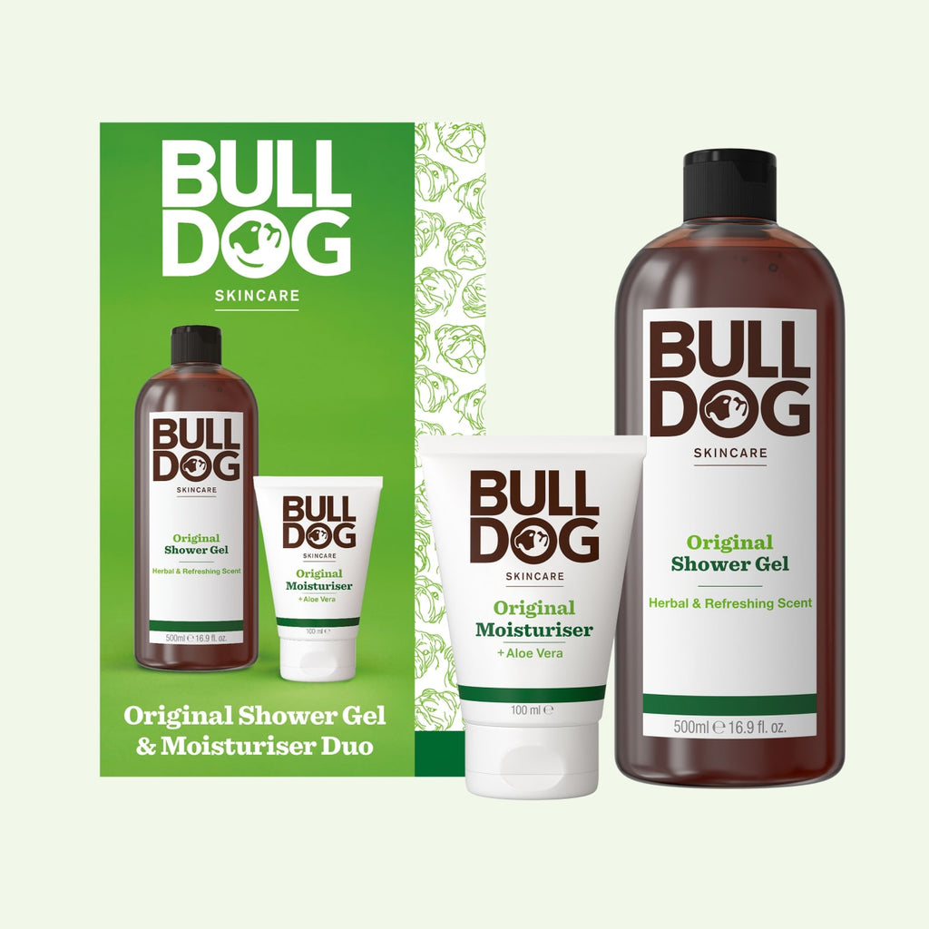 Moisturiser & Shower Gel Duo, including a 500ml shower gel and moisturiser with white and brown labels, displayed with packaging—ideal for men wanting quality skincare.