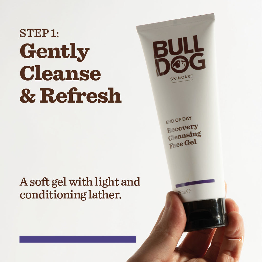 A hand holds a tube from the End of Day Collection Bundle. Text reads STEP 1: Gently Cleanse & Refresh. This soft gel with light lather is made with natural origin ingredients.