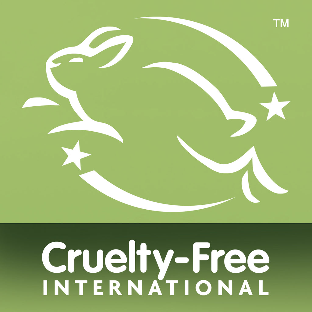 A white outline of a leaping rabbit with two stars above Cruelty-Free INTERNATIONAL in bold white on green signals cruelty-free certification—ideal for the Original Mens Grooming Bundle.